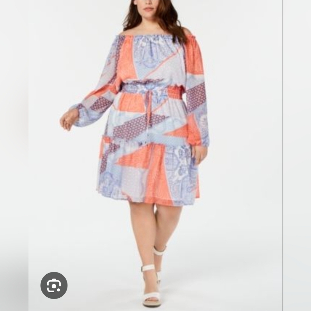Tommy Hilfiger Orange and Blue Off-Shoulder Sundress Boho Bohemian Cottagecore
